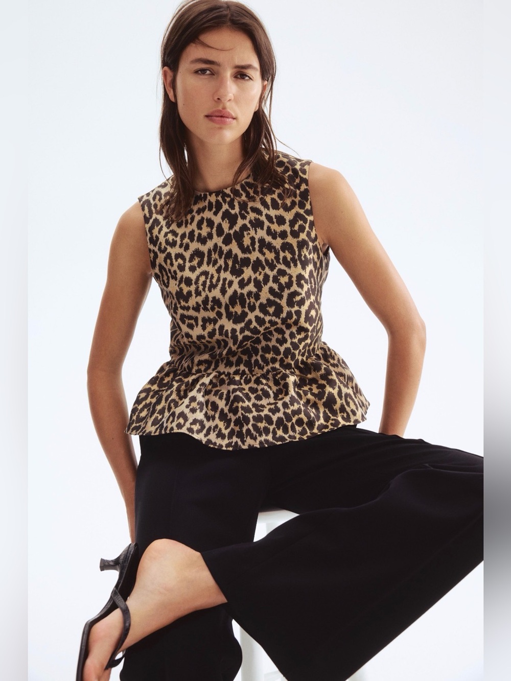 H&M Sleeveless Leopard Print Peplum Top - Tan/Black